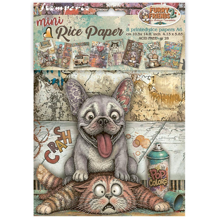 Printed Mini Rice paper A6 8 sheets for Art and Craft - Furry Friends 2
