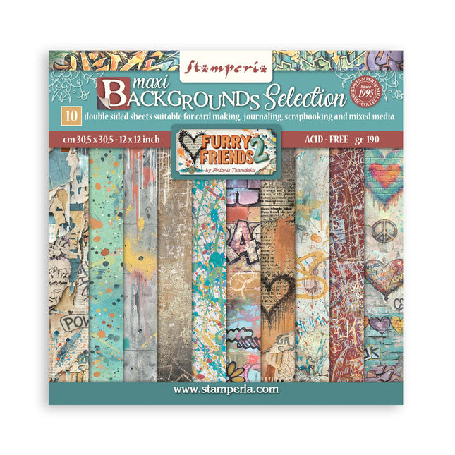 12”x12” (30.5x30.5 cm) Paper Pad 10 double sided printed Backgrounds sheets - Furry Friends 2