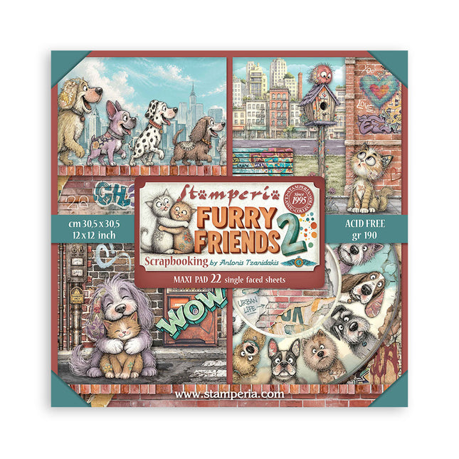 12”x12” (30.5x30.5 cm) Paper Pad 22 single sided printed paper sheets - Furry Friends 2
