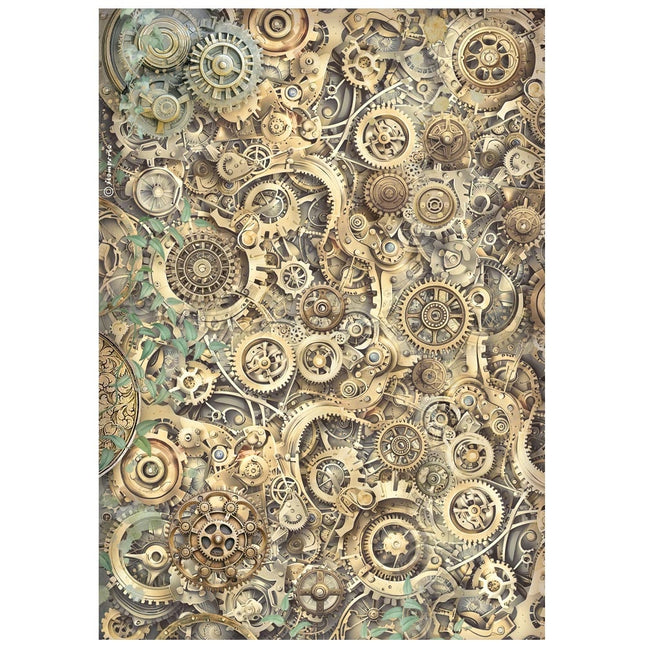 Printed A4 Rice paper for Art and Craft - Gardens of Time gears pattern