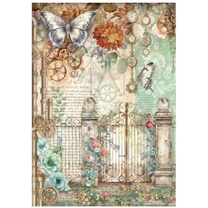 Printed A4 Rice paper for Art and Craft - Gardens of Time gate and butterfly