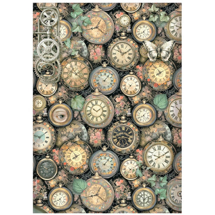 Printed A4 Rice paper for Art and Craft - Gardens of Time clock pattern