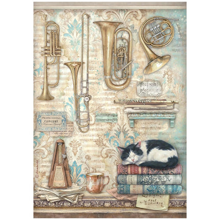 Printed A4 Rice paper for Art and Craft - Symphony trumpets and cat 