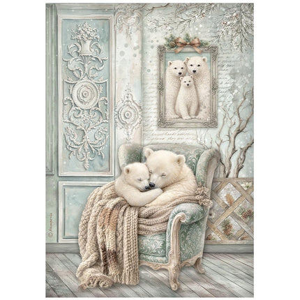 Printed A4 Rice paper for Art and Craft - White Christmas cozy bears 
