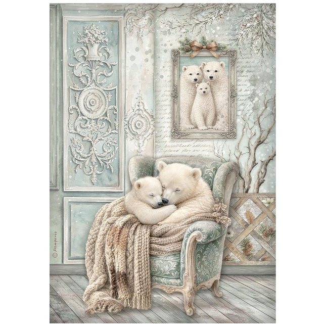 Printed A4 Rice paper for Art and Craft - White Christmas cozy bears 