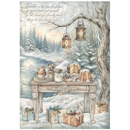 Printed A4 Rice paper for Art and Craft - White Christmas festive table by the lake 