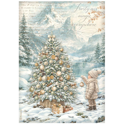 Printed A4 Rice paper for Art and Craft - White Christmas tree by the lake 