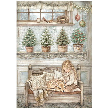 Printed A4 Rice paper for Art and Craft - White Christmas little girl and a fawn