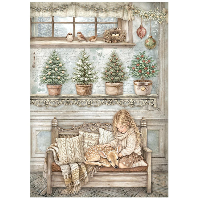 Printed A4 Rice paper for Art and Craft - White Christmas little girl and a fawn