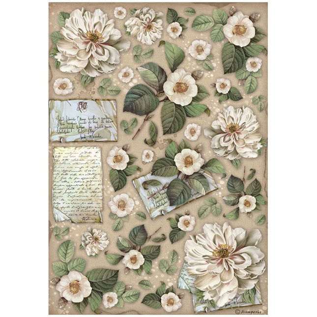 A4 Rice paper packed - Vintage Library flowers and letters