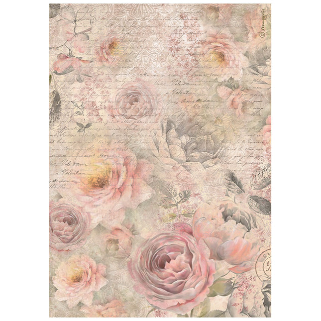 A4 Rice Paper Pack - Shabby Rose Roses Pattern