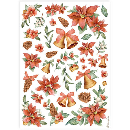 A4 Rice paper packed - Classic Christmas poinsettia and bells