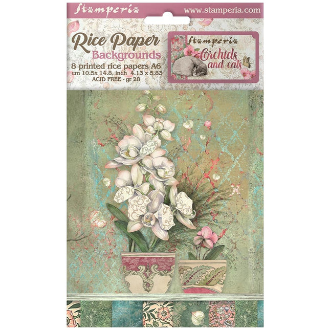 Selection 8 Rice paper A6 backgrounds - Orchids and Cats