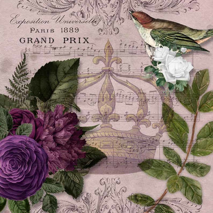 Royal Music Purple Bird and Flowers with Crown Rice Paper A4Royal Music Purple Bird and Flowers with Crown Rice Paper A4