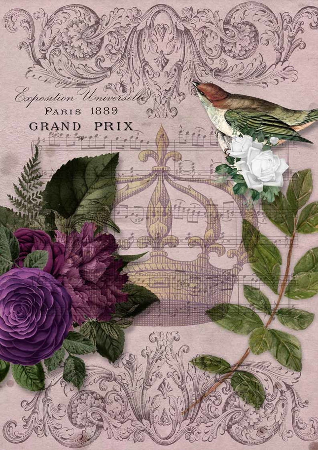 Royal Music Purple Bird and Flowers with Crown Rice Paper A4Royal Music Purple Bird and Flowers with Crown Rice Paper A4