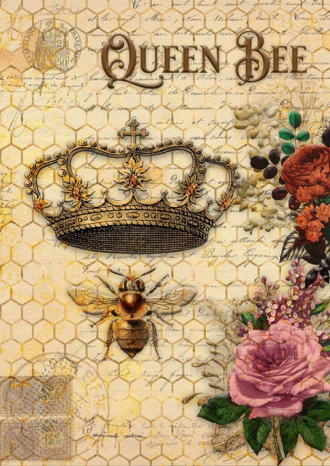 Queen Bee and Roses with Honeycomb Rice Paper A3Queen Bee and Roses with Honeycomb Rice Paper A3