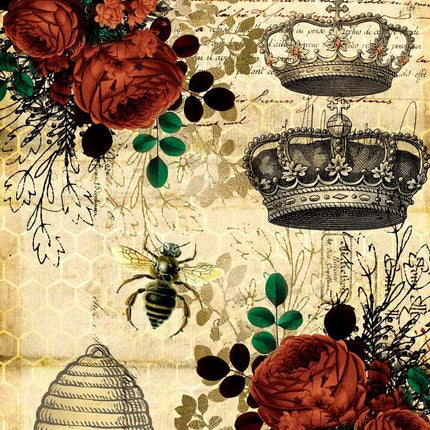 Queen Bee and Red Roses with Beehive Rice Paper A4Queen Bee and Red Roses with Beehive Rice Paper A4