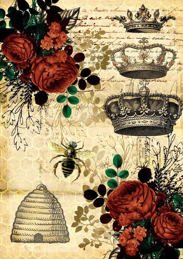 Queen Bee and Red Roses with Beehive Rice Paper A4Queen Bee and Red Roses with Beehive Rice Paper A4