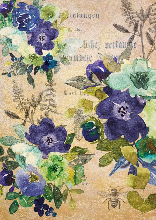 Watercolor Blue and Green Floral Rice Paper A4Watercolor Blue and Green Floral Rice Paper A4
