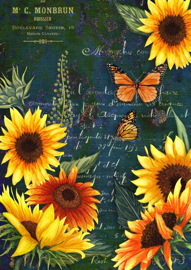 Sunflowers and Monarch Green Butterfly Rice Paper A4Sunflowers and Monarch Green Butterfly Rice Paper A4