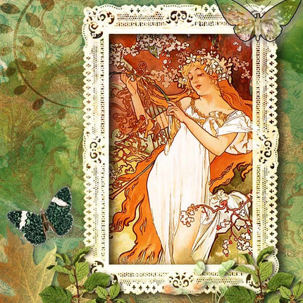Woodland Framed Mucha Girl Rice Paper A4Woodland Framed Mucha Girl Rice Paper A4