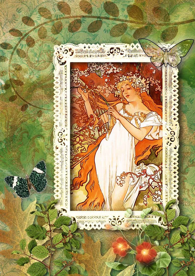 Woodland Framed Mucha Girl Rice Paper A4Woodland Framed Mucha Girl Rice Paper A4