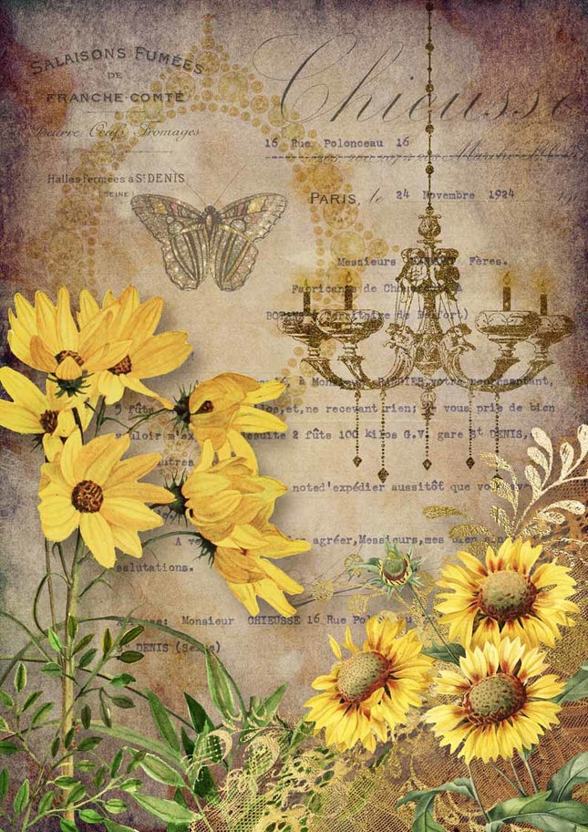 Elegant Sunflowers with Chandelier Rice Paper A4Elegant Sunflowers with Chandelier Rice Paper A4