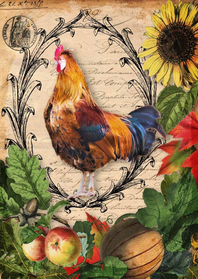 Autumn Rooster with Harvest Vegetables Rice Paper A4Autumn Rooster with Harvest Vegetables Rice Paper A4