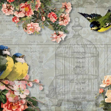 Chickadees and Roses with Birdcage A4Chickadees and Roses with Birdcage A4