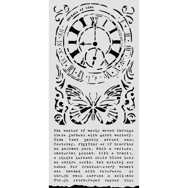 Cut laser stencil for Art and Craft cm 12X25 - Gardens of Time clock and butterfly