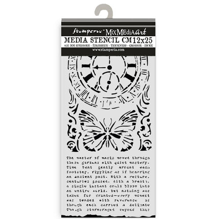 Cut laser stencil for Art and Craft cm 12X25 - Gardens of Time clock and butterfly