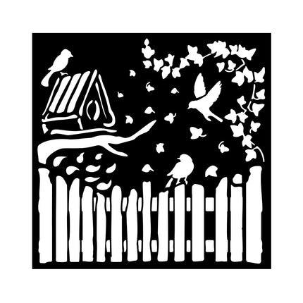 Thick stencil 18x18 cm - House of Roses fence and birds