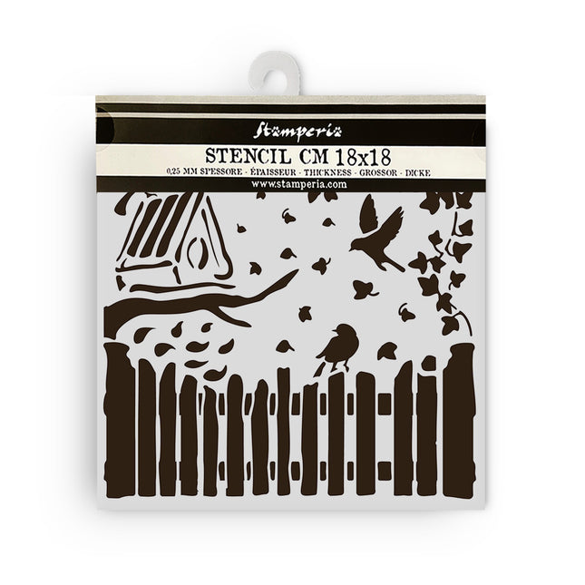 Thick stencil 18x18 cm - House of Roses fence and birds