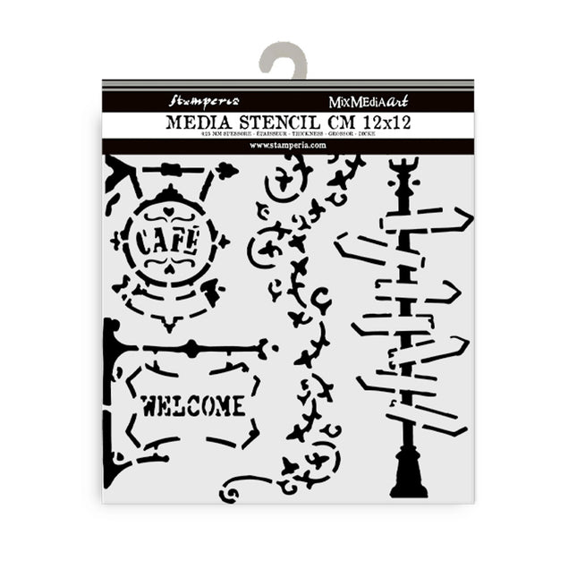 Thick stencil 12x12 cm - Art of Travelling street lamp and sign