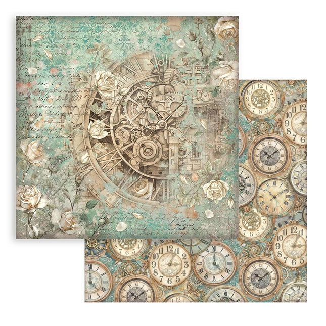 Printed Double Face scrapbooking sheet for Art and Craft - Gardens of Time clock and roses