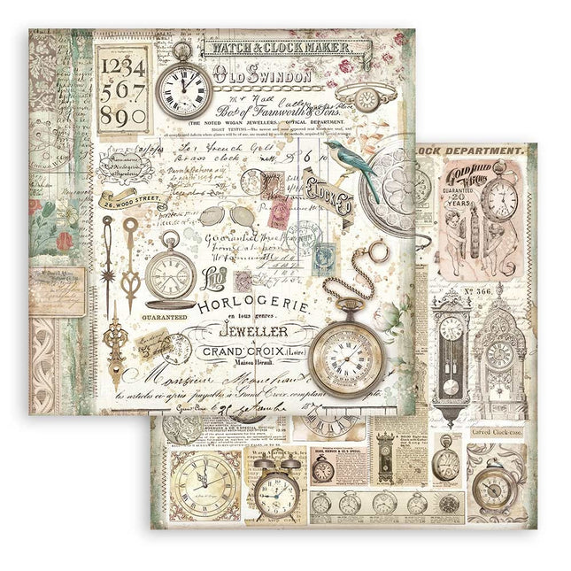 Double-sided Scrapbook Paper - Brocante Antiques clocks