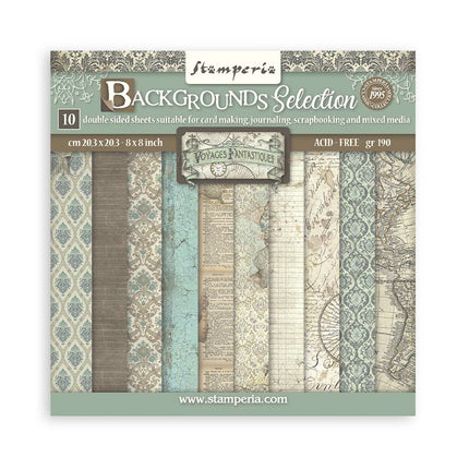 Scrapbooking Small Pad 10 sheets cm 20,3X20,3 (8"X8") Backgrounds Selection - Voyages Fantastiques